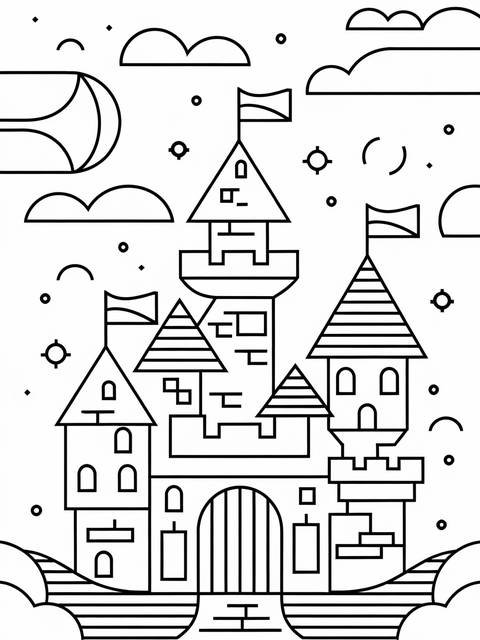 Whimsical castle illustration with towers, flags, and clouds, suitable for a math coloring page