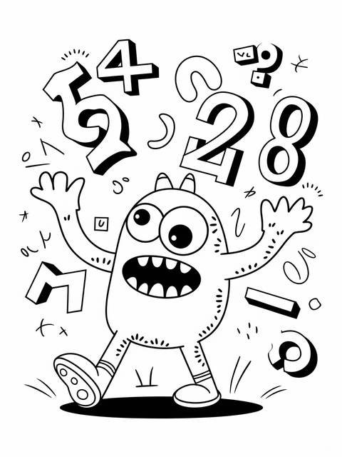 Whimsical math monster juggling numbers, a playful illustration for a cover