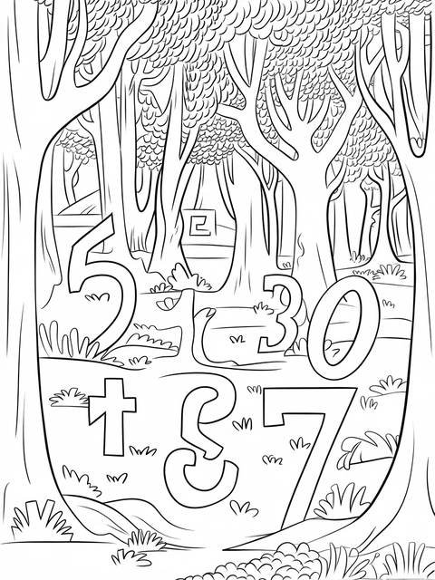 Black and white coloring page: math numbers in an enchanted forest setting