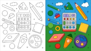 Math coloring page with calculator, pencils, and shapes, a two-panel image