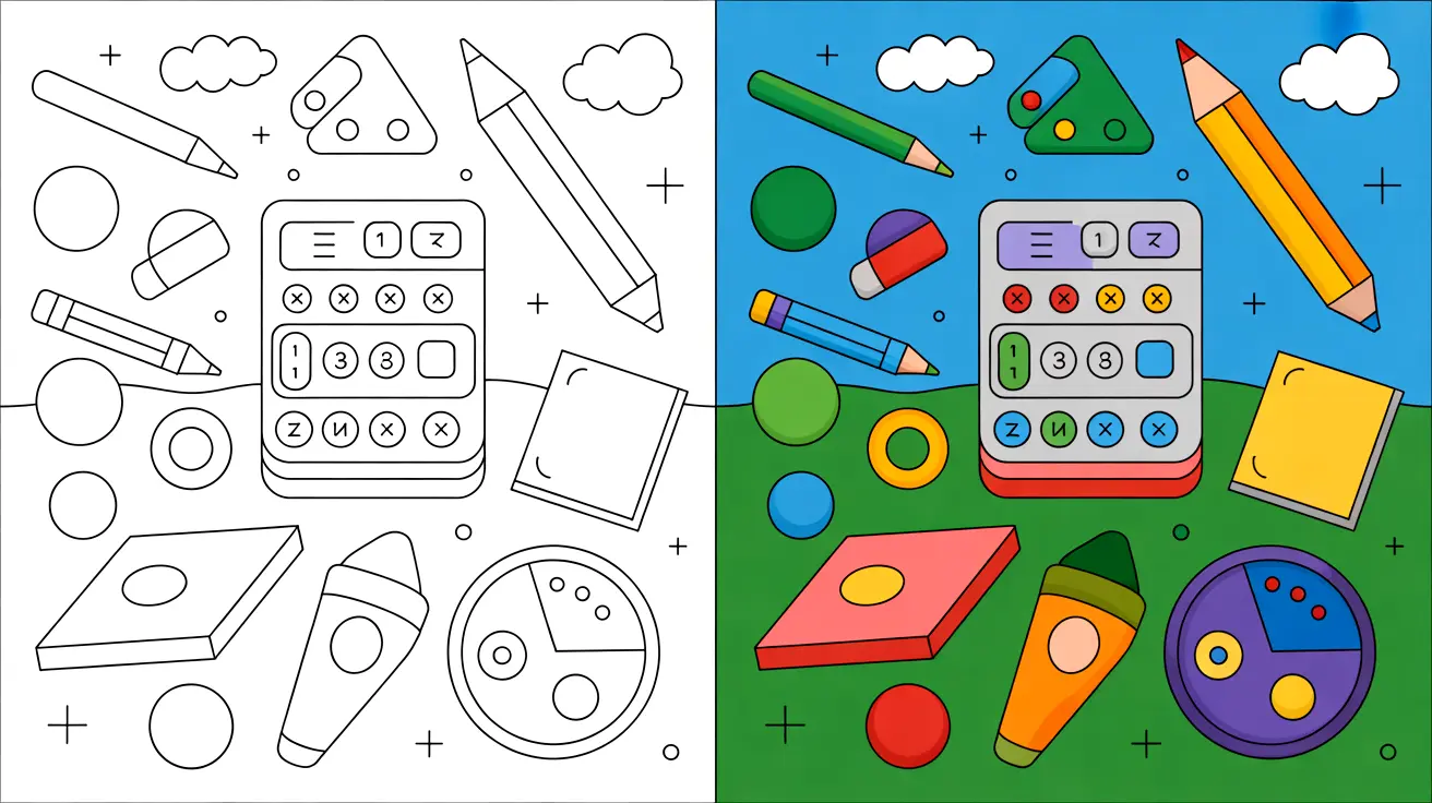 Math coloring page with calculator, pencils, and shapes, a two-panel image