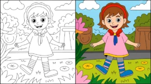 May coloring page cover: a two-panel image of a girl in a garden