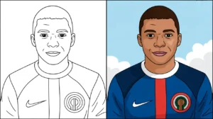 Two-panel coloring page of kylian mbappe, one colored, one outline