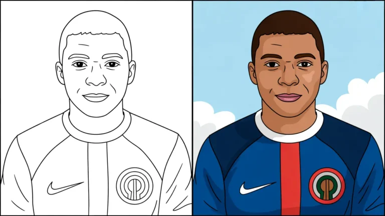 Two-panel coloring page of kylian mbappe, one colored, one outline