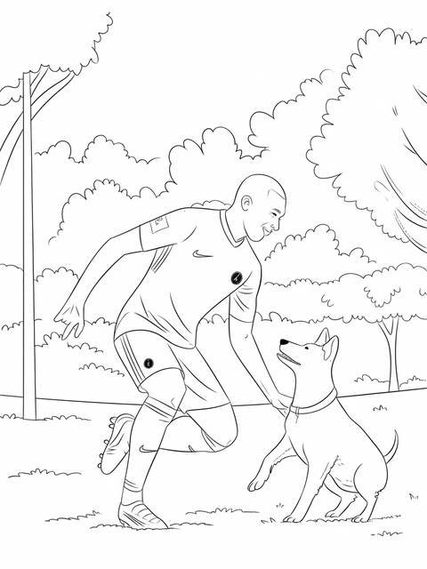 Kylian mbappe playing with his dog in a park, a coloring page depiction
