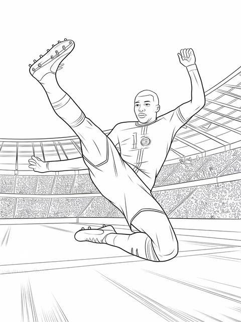 Kylian mbappe in mid-air attempting a soccer kick, action shot at a stadium