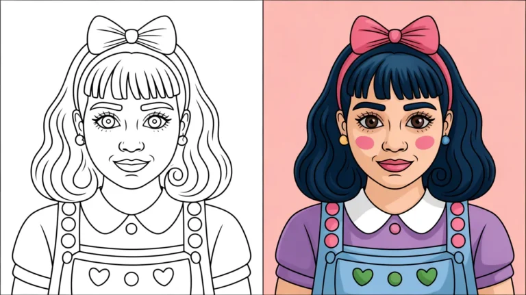 Melanie martinez coloring page featuring a girl with a bow and overalls