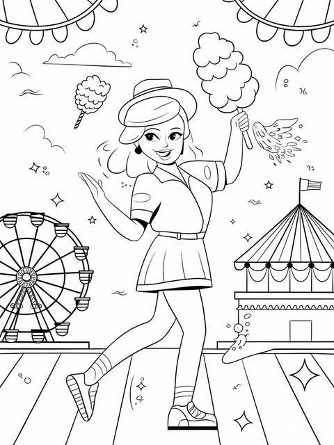 Melanie martinez in a carnival setting, holding cotton candy, with a ferris wheel