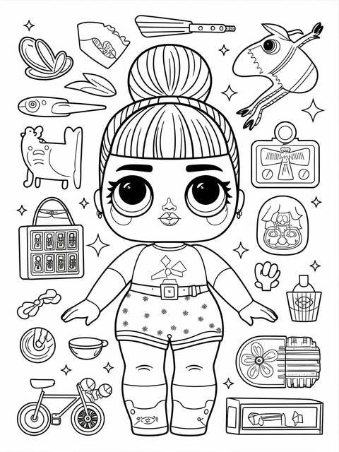 Coloring page of melanie martinez doll, featuring various accessories and a bicycle