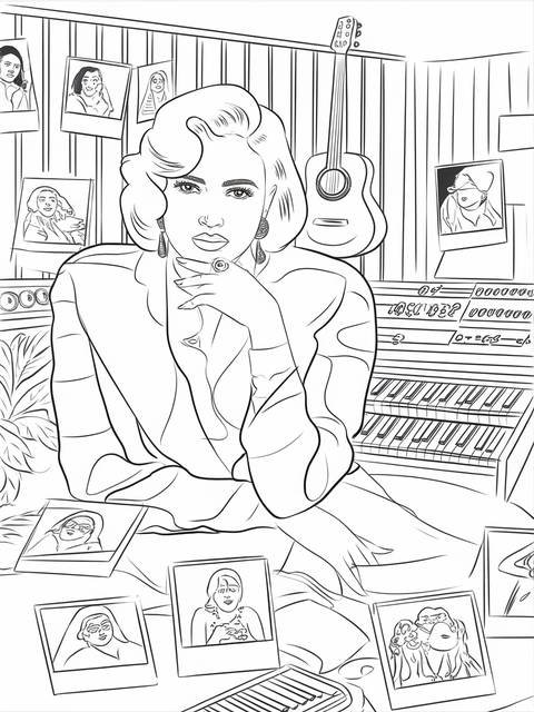 Line art of melanie martinez, surrounded by photos and musical instruments