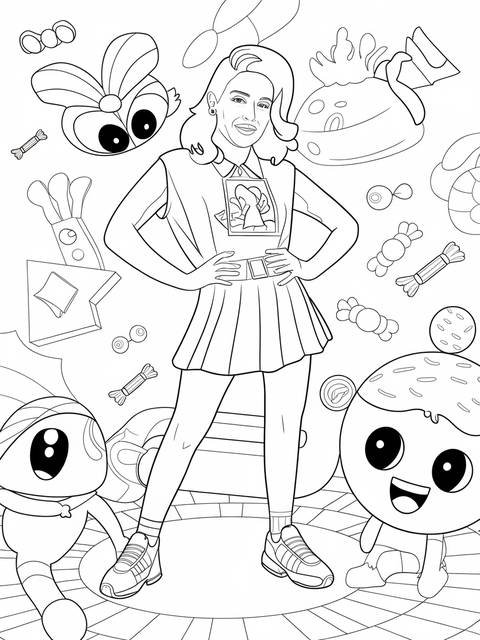 Coloring page of melanie martinez, surrounded by cartoon characters and sweets