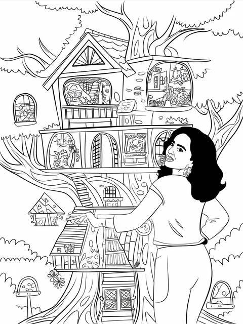 Melanie martinez stands near a detailed treehouse coloring page illustration