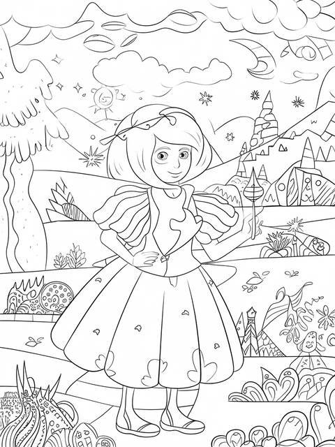 Coloring page of melanie martinez in a dress, set in a whimsical landscape