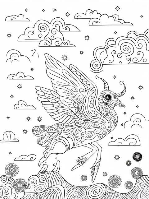 Coloring page featuring a winged creature, clouds, and stars, reminiscent of melanie martinez