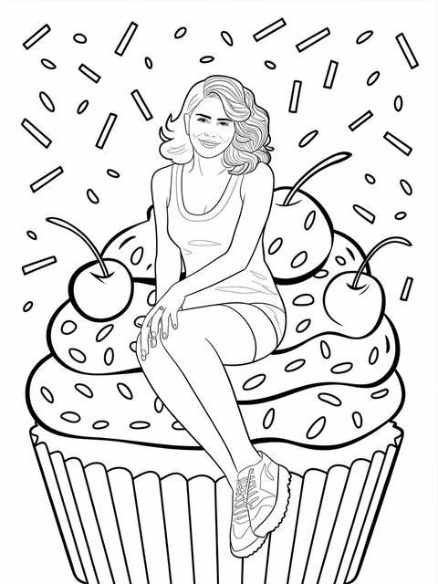 Line art coloring page of melanie martinez sitting on a cupcake with cherries