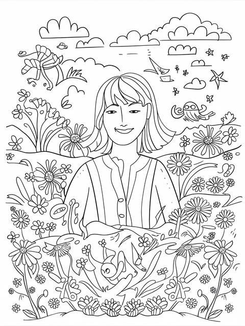 Line art coloring page featuring melanie martinez surrounded by flowers and whimsical elements