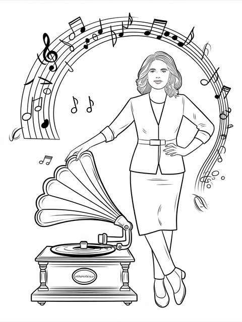 Line art of a woman with a record player and musical notes, like melanie martinez
