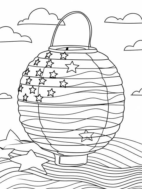 Black and white illustration of a paper lantern with stars, ideal for memorial day