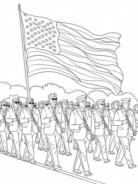 Memorial day parade coloring page featuring marching soldiers and a waving american flag