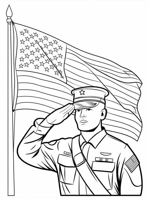 Memorial day coloring page: a soldier salutes next to the american flag