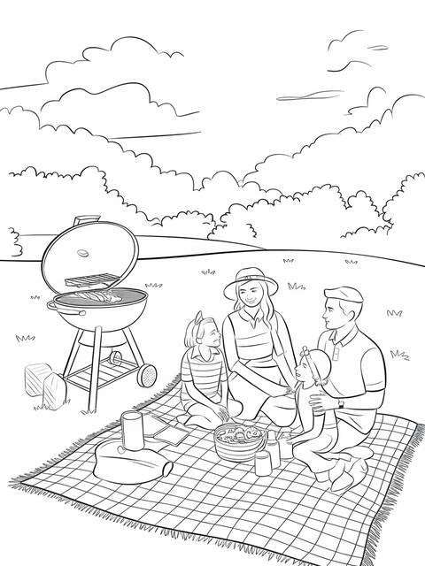 Memorial day family picnic with a grill, blanket, and happy family members