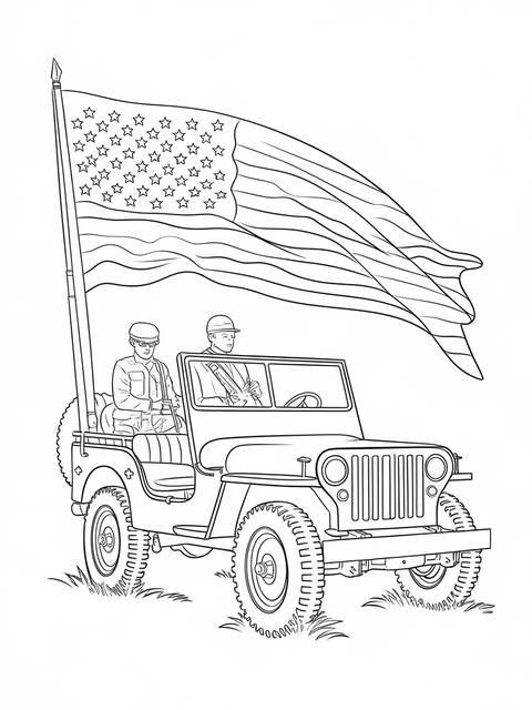 Memorial day coloring page: vintage military jeep with american flag and soldiers