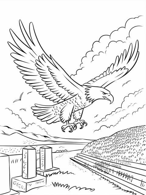 Memorial day coloring page: soaring eagle over a battlefield, commemorating the fallen
