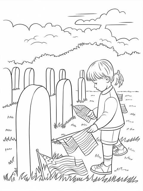 A child placing flags on graves for memorial day, a solemn remembrance