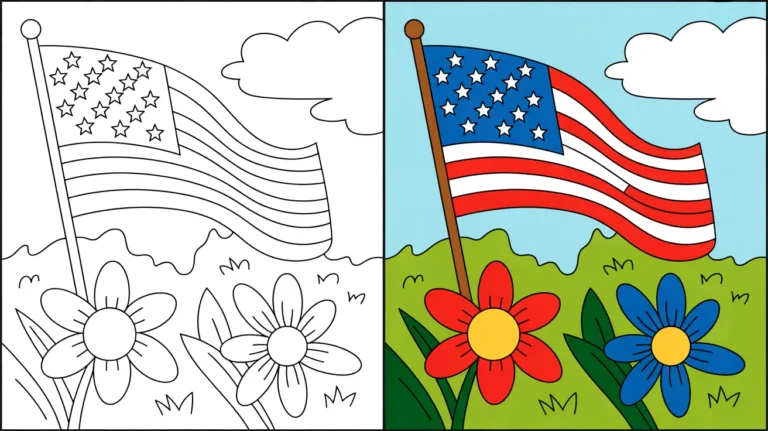 Memorial day coloring page featuring the american flag and flowers