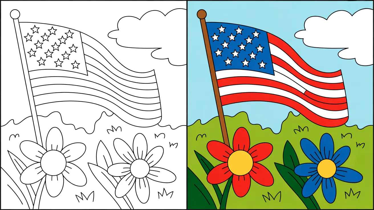 Memorial day coloring page featuring the american flag and flowers