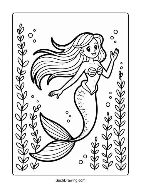 Line art of a mermaid with flowing hair and a fishtail, surrounded by plants
