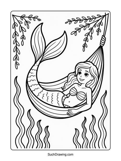 A mermaid in a hammock surrounded by seaweed, a coloring page