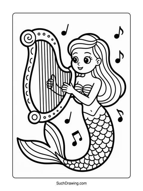A mermaid playing a harp, surrounded by musical notes, in a coloring page