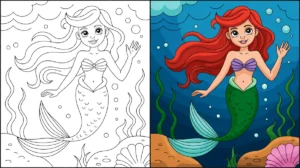 Mermaid coloring page: a smiling mermaid with red hair waving underwater