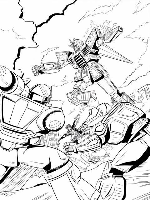 Giant robot battle scene from mha cover, featuring multiple mechs in action