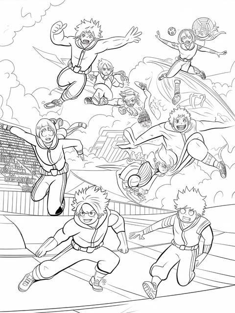 Mha sports festival scene featuring various characters in action, a coloring page