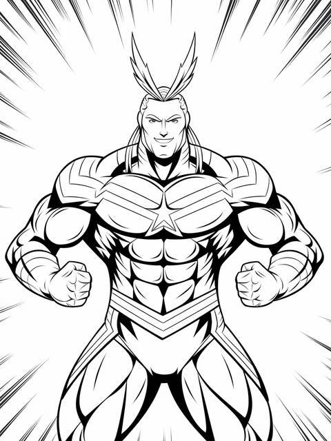 All might in his classic hero pose, a coloring page from mha