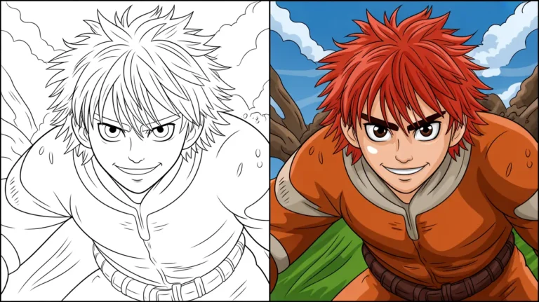 Mha coloring page: a two-panel image of a smiling anime character with red hair