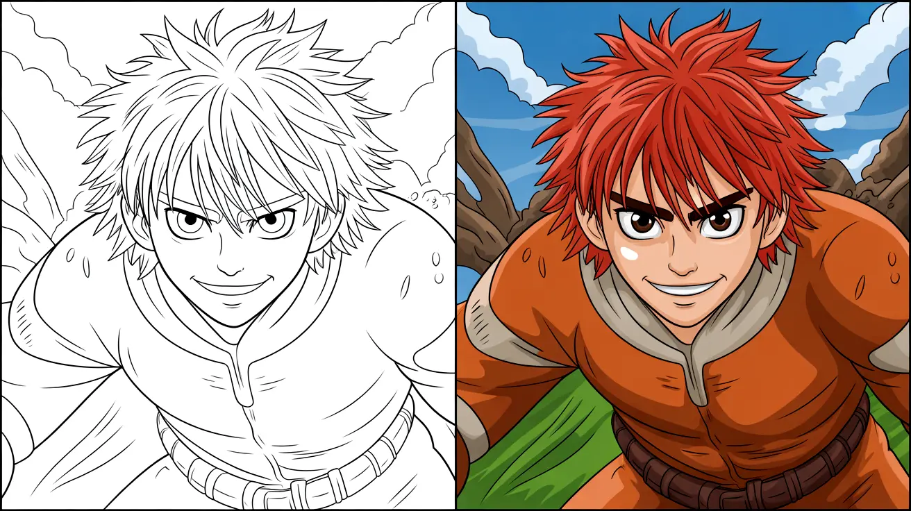Mha coloring page: a two-panel image of a smiling anime character with red hair