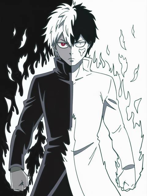 Shoto todoroki from mha, split face, using ice and fire, half black, half white