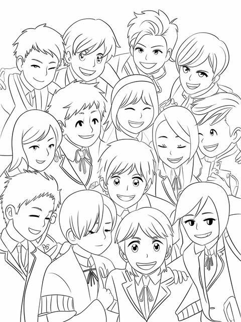Mha class 1-a students gathered, smiling, in a group portrait, ready to be colored