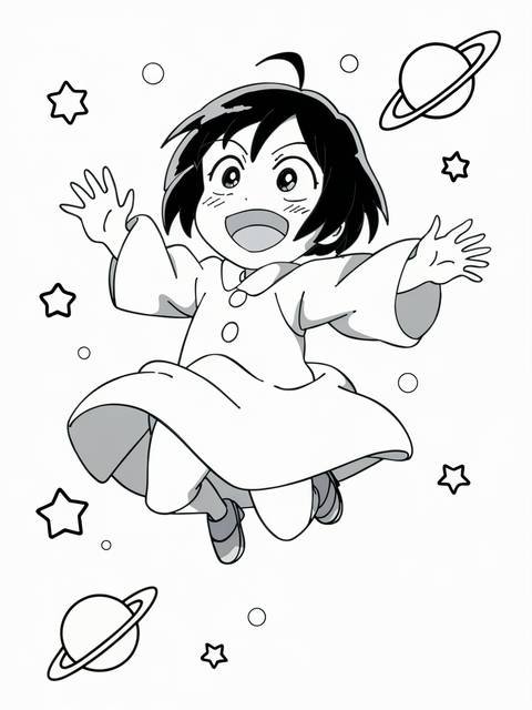 Mha's uraraka ochako floating in the air, surrounded by stars and planets
