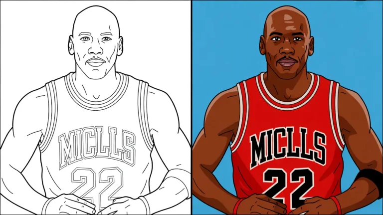 Michael jordan coloring page featuring a two-pane illustration of the basketball legend