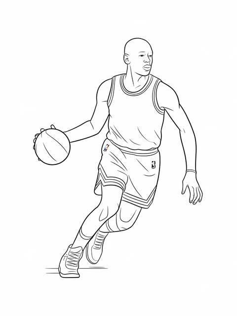 Line drawing of michael jordan dribbling a basketball, action pose, ready to play