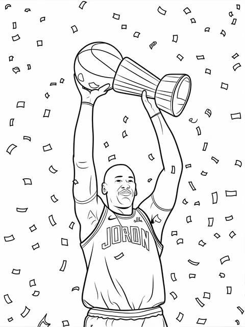 Michael jordan celebrating with a trophy and basketball, amidst confetti