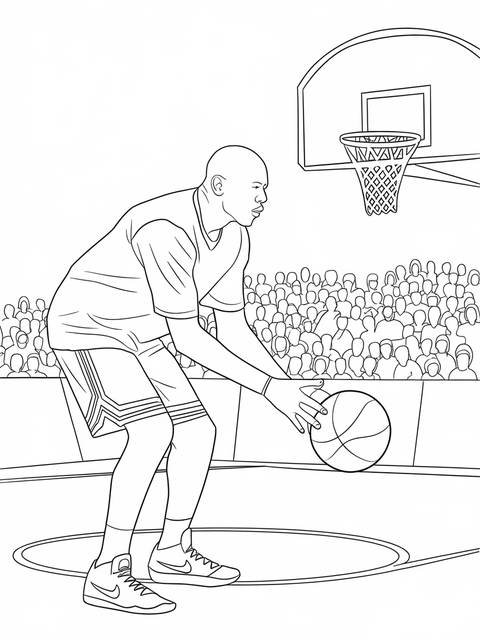 Michael jordan practicing basketball, preparing to dribble the ball on the court