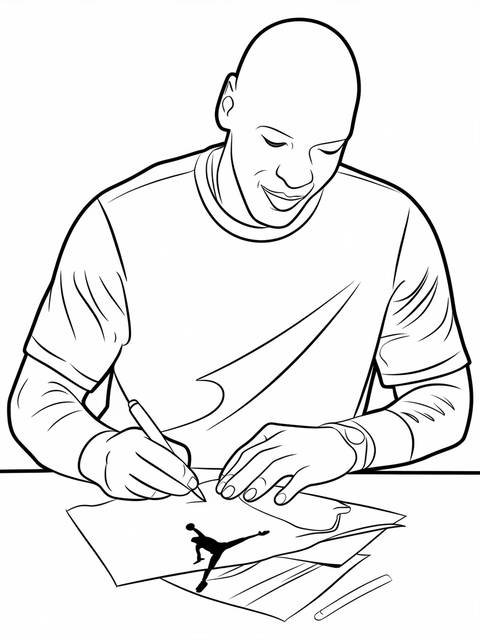 Michael jordan signing a document, featuring the jumpman logo, line art style