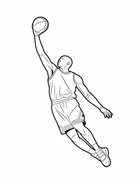 Michael jordan soaring for a dunk, basketball in hand, in a line drawing