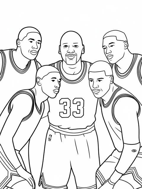 Coloring page featuring michael jordan and other basketball players in a group