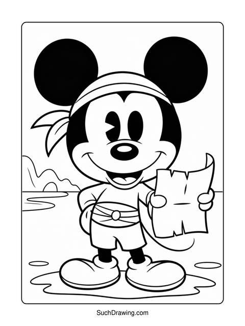 Mickey mouse in pirate attire holding a map on a coloring page